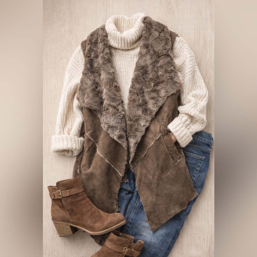 Boho Faux Fur Shearling Vest Brown Cozy Western Layering Jacket Size M